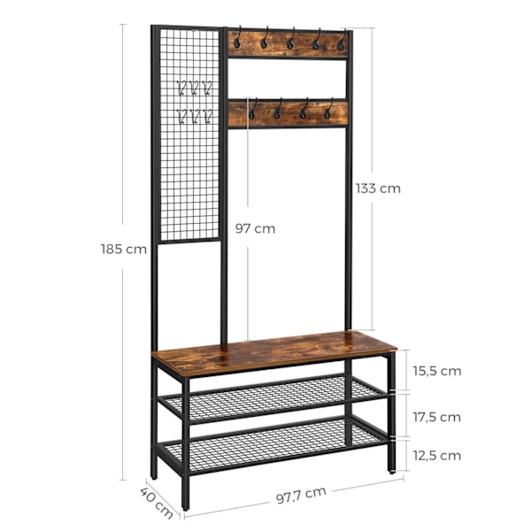 Rootz stor garderobsstativ med bänk - garderobstativ - trä spånskiva - robust förvaring - 97,7 cm x 40 cm x 185 cm