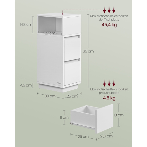Rootz Cloud White sengeborde - Træspånplader - MDF - Natborde - 30 cm x 25 cm x 65 cm - Max belastning 45,4 kg - 2-delt sæt