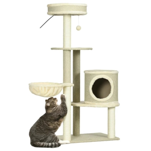 Rootz Kradsestolpe - Kattetræ - 1 Katteseng - 1 Kattehule - 2 liggeområder - Spånplade - Imiteret linned - Brun + Beige + Hvid - 124 cm x 59 cm x 40 c