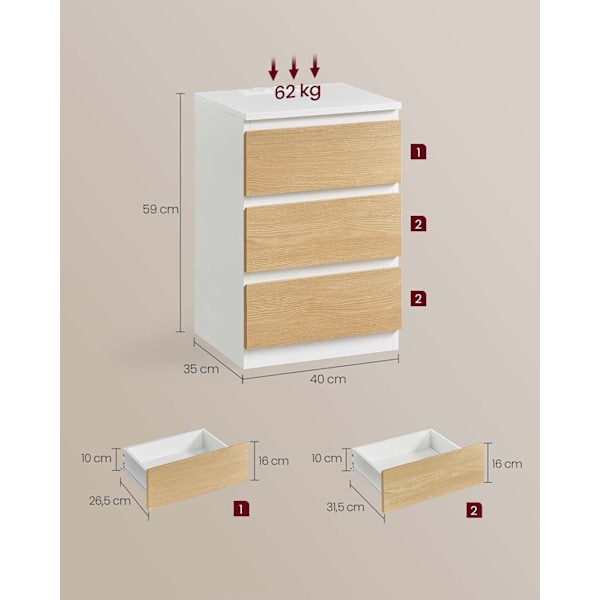 Rootz -sängyn pöytä 2 Laatikon asetettu - Yöpöytä - Bedside -kaappi - Latausasema - 35 cm x 40 cm x 59cm - valkoinen ja ruskea