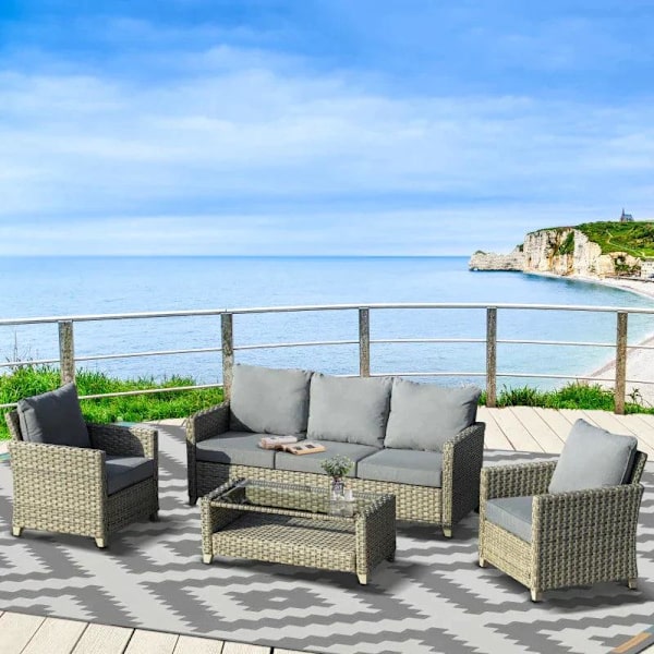 Rootz Polyrattan Havemøbelsæt - Havemøbler - Havesæt - Loungesæt - Loungemøbler med sofabord - Aluminium - Sædehynder - Brun/grå - 193L x 77W x 80,5H