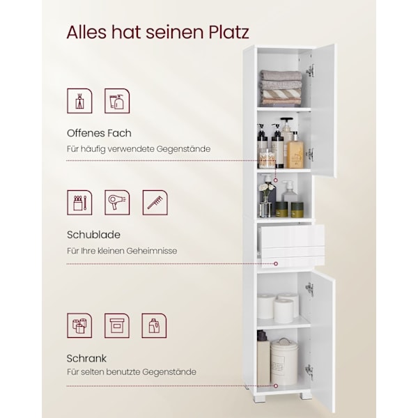 Rootz Classic White Badeværelsesskab - Opbevaringsenhed - MDF møbel - 10 kg bæreevne - 30 cm x 30 cm x 170 cm