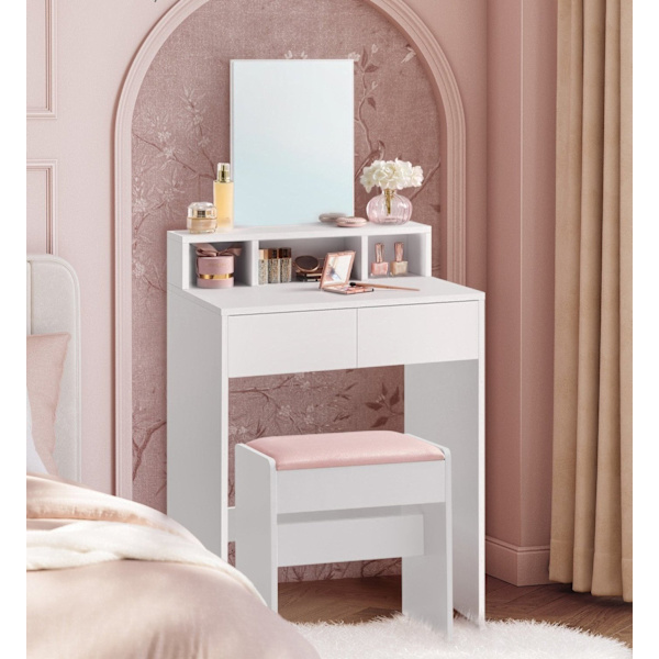 Rootz Toiletbord med spejl og 2 skuffer - Vaskebord - Makeup skrivebord - Hvid - 40 cm x 60 cm x 127 cm - Ingen batterier påkrævet