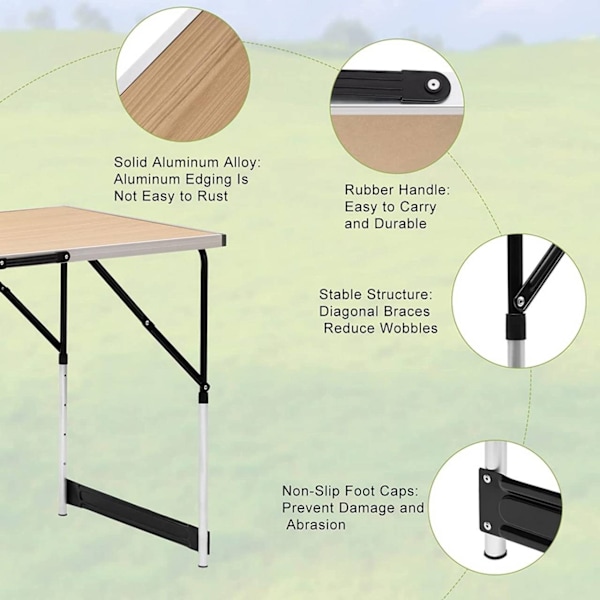 Rootz justerbart hopfällbart campingbord - Bärbart picknickbord - Kompakt utomhusbord - Aluminiumram - 60cm x 73/80/86,5/94cm