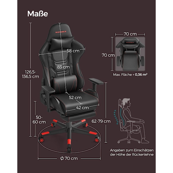 Rootz Ergonomic Office Chair - Lænestol - Lændestøtte - Sort Rød - 65cm x 63cm x 110cm