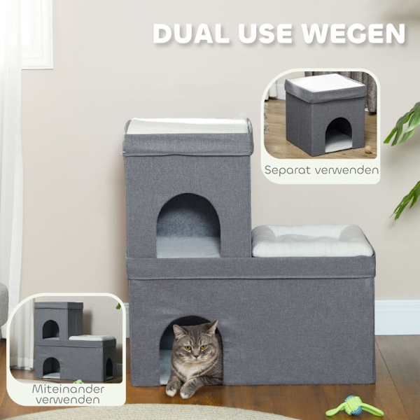 Rootz Cat House - Cat Cave Bed - Mysig Cat Condo - Mjuk kudde - Dubbla lägenheter - 74cm x 37,5cm x 78,5cm