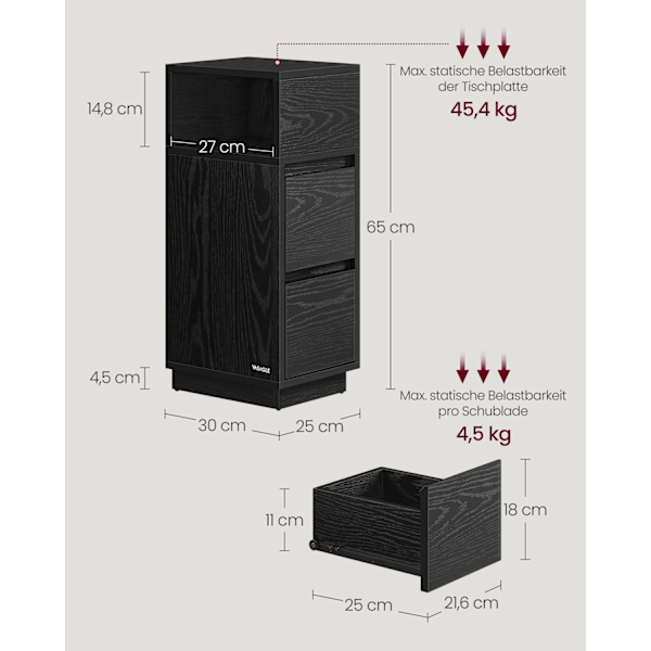 Rootz Ebony Black -yöpöytä - Yöpöytä - Puulastulevy - MDF - 30 cm x 25 cm x 65 cm - 9,6 kg - 45,4 kg Suurin kuormitus - 4,5 kg Laatikon kapasiteetti