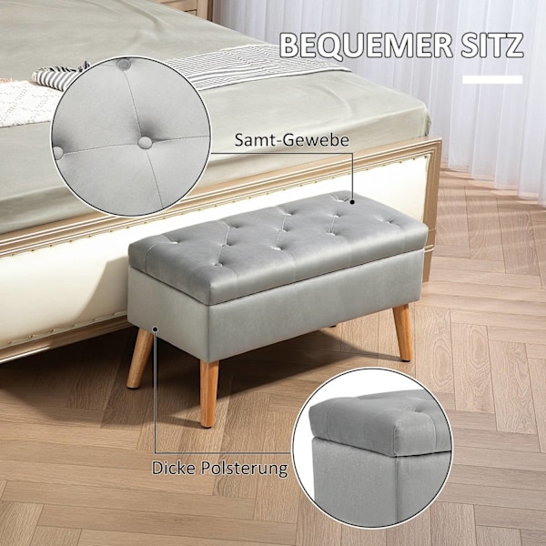 Rootzin verhoiltu säilytyspenkki - samettiset jakkara - pehmustettu rinta - mukavuusistuimet - 80 cm x 35cm x 40 cm - harmaa