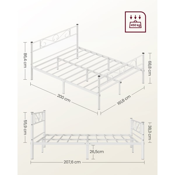 Rootzin valkoinen metallisängyn runko - Tasosänky - Jauhemaalattu runko - Raskas - Tilava - Helppo koota - 207,6 cm x 161,8 cm x 86,4 cm