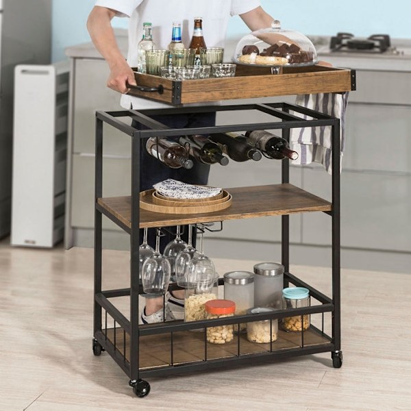 Rootz Mobile Bar Cart - Rolling Beverage Cart - Serveringsvogn - Easy Transport - 79x90x40cm - MDF & Metal med træfilm