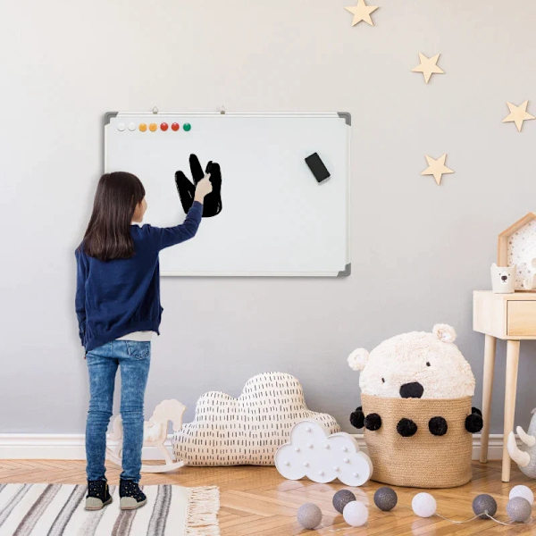 Rootz Whiteboard - Magnettavle - Notetavle - Inklusiv tilbehør - 4 kuglepenne - 1 svamp - 10 magneter - Aluminiumsramme - Hvid + Sølv - 90L x 1,8B x 6