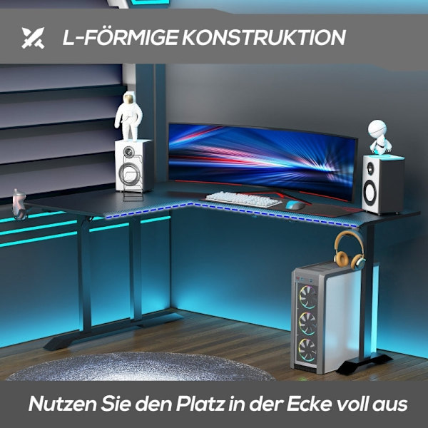 Rootz L-formet spillebordsbord - Computerbord - Racing skrivebord - Rigelig plads - Organiseret opsætning - Holdbar konstruktion - 168W x 109D x 78H c