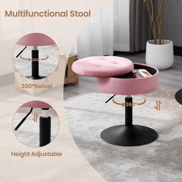 Rootz justerbar barpall i sammet - Bänkpall - Snurrstol - Slitstark metallram - Multifunktionell med förvaring - Modern design - 39,5 cm Sittdiameter,