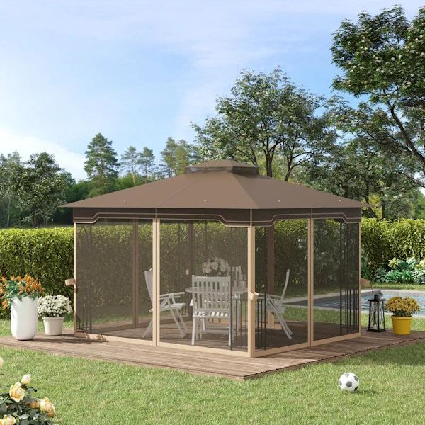 Rootz Gazebo - Puutarhapaviljonki - Puutarhateltta - Juhlateltta - Hyönteisverkot ja kulmahyllyt - Metalli/polyesteri - Ruskea/Beige - 3,7 x 3 m