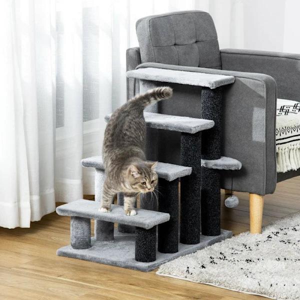 Rootz Pet Trappa - Katttrappa med skrapstolpe - 4-stegs hundtrappa - Djurtrappa - Spånskiva - Plysch - Grå - 60 x 40 x 64 cm