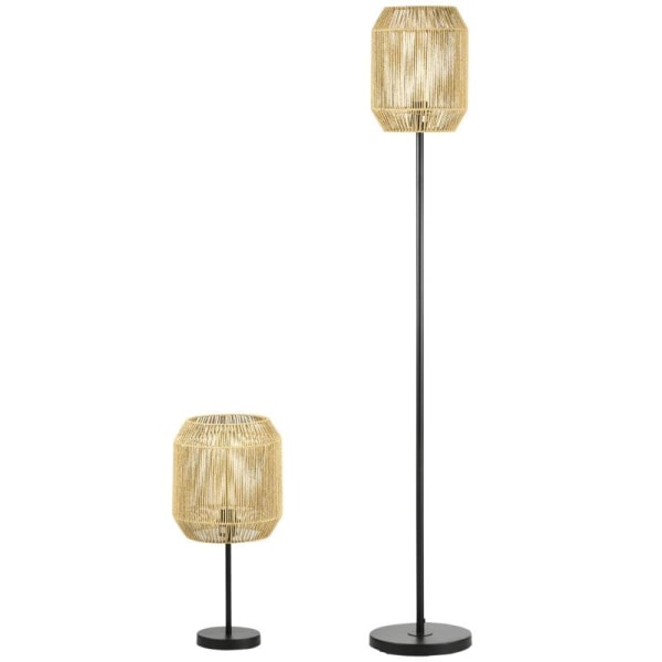 Rootz gulvlampe - Sengelampe - 2-delt lyssæt - 1 gulvlampe - 1 bordlampe - Metal/papirsnor - Natur/sort - 38cm x 38cm x 158cm