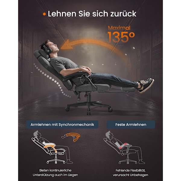 Rootz höjdjusterbar spelstol - Gamer Recliner - Ergonomisk säte - Footrest & Pillow - 70x70x (119-129) cm - grå