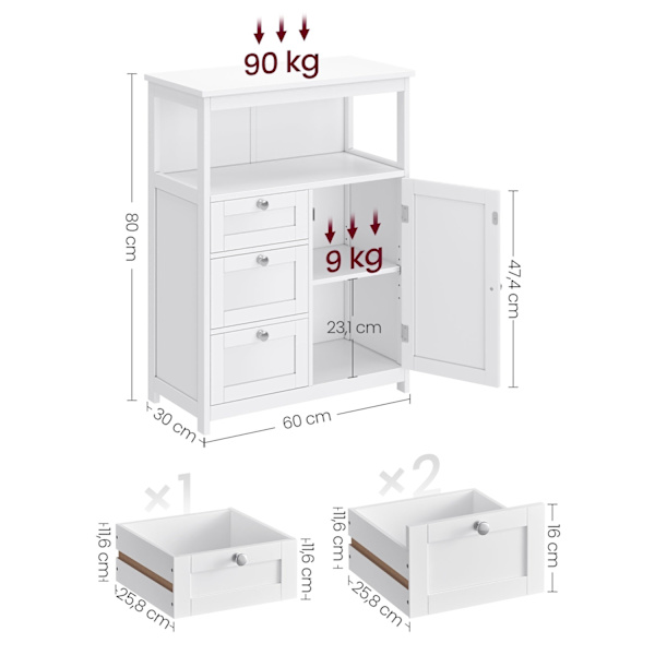 Rootz White Badrumsskåp - Förvaringsenhet - Organizer - MDF-material - 90kg Lastkapacitet - 30cm x 60cm x 80cm