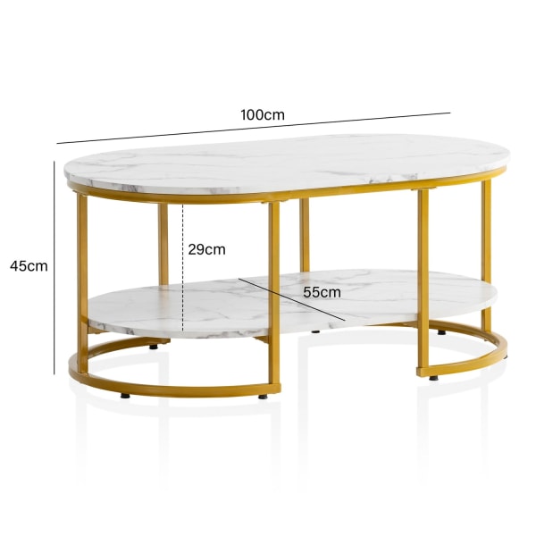 Rootz Modern Design rektangulært sofabord - Sofabord - Marmorlook - Hvid og guld - Opbevaringsområde - Elegant Flair - Robust metalstel - 100 cm x 60