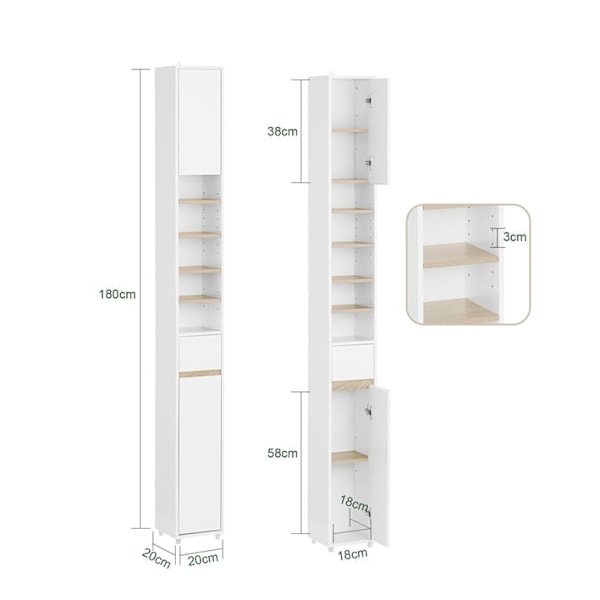 Rootz Tall Badrumskåp - Lagringsenhet - Arrangör - Mångsidig förvaring - 20x180x20cm - MDF E1 Målad - Justerbara hyllor - Secure & Non -Slip