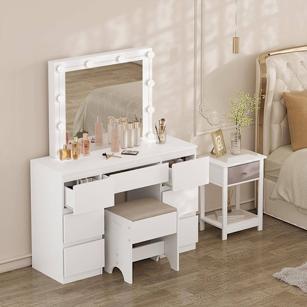 Rootz White Sminkbord - Sminkbord - Sminkbord - Justerbar LED-belysning - Gott om förvaring - Hållbar design - 110 cm x 140,5 cm x 39,5 cm
