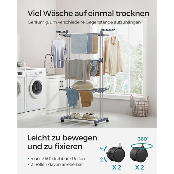 Rootz Grey Tørrestativ - Stål & Plast - Pladsbesparende design - Foldbart stativ - Stor tørrekapacitet - 64cm x 126cm x 172cm