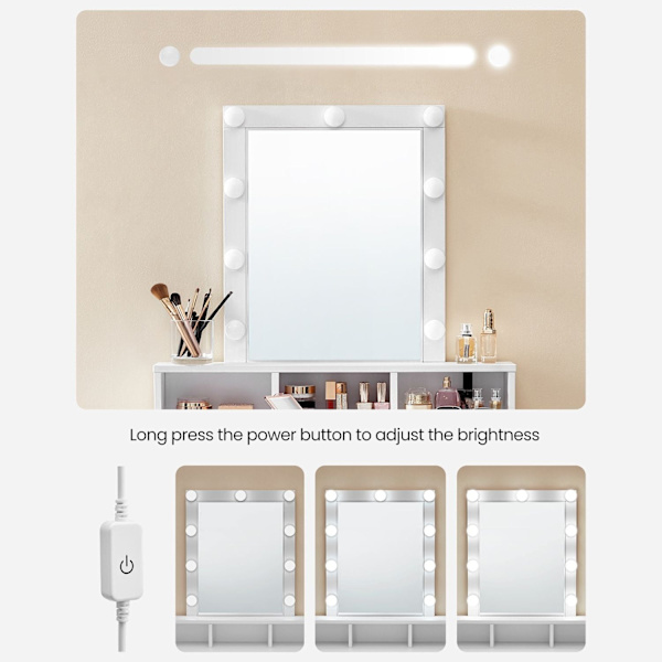 Rootz White Sminkbord med spegel - Sminkbord - Sminkbord - Spånskivakonstruktion - 2 lådor - 3 fack - Upphöjd hylla - Glödlampor - Enkel sminkrutin -