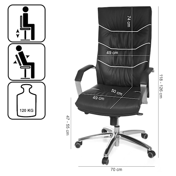 Rootz XXL Executive Chair - Kontorstol - Ergonomisk stol - Ægte læder - Lændestøtte - Krom armlæn - Multiblok Mekanik - Anti-Shock funktion - 120 kg b