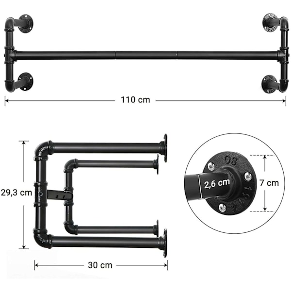 Rootz industrielle tøjstang på væggen - Tøjstativ - Garderobe - Tøjstænger - 110 x 30 x 29,3 CM