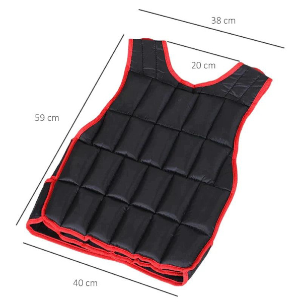 Rootz 20 Kg Träningsväst - Viktväst med dubbla remmar - Justerbar styrka - Träningskondition - Metall - Svart/Röd - 60 x 50 cm