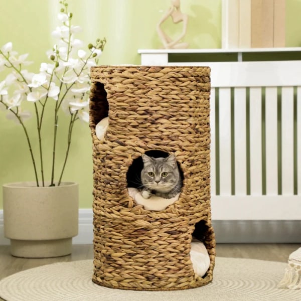 Rootz Cat Cave - 3 Tier 3 Entré - Boho Design med kudde - Ljusbrun + Krämvit - 40cm x 40cm x 73cm