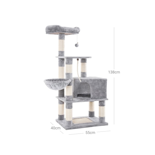 Rootz Medium Cat Tree -raapimistolppa - Monitoimikissatorni - Leikkisä kissan asunto - Pehmoiset makuupinnat - Lastulevyrakenne - 55 cm x 40 cm x 138