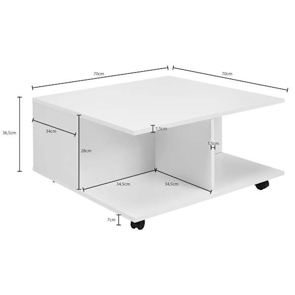 Rootz design -sohvapöytä 70x70 cm valkoinen - Olohuoneen pöytä 2 laatikolla - Sohvapöytä pyörillä - Pöytä 2 lokerolla