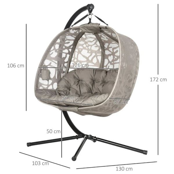 Rootz Hængestol til 2 personer - Sammenklappelig sædekurv - Stor sædehynde - Sand + Sort - 130 x 103 x 172 cm