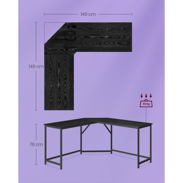 Rootz computerbord - Arbejdsstation - Studiebord - Spånplade og stål - Rummelig - Robust - Nem montering - Ibenholt sort-blæk sort - 149 cm x 149 cm x