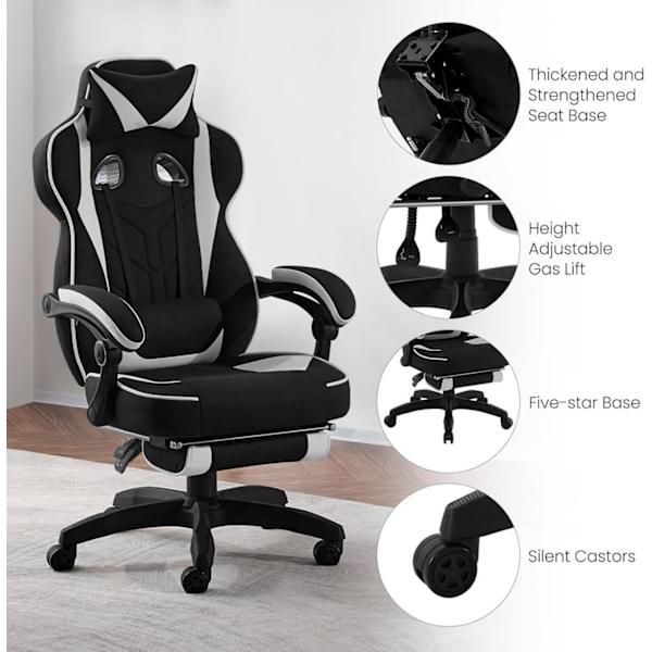 Rootz Gaming Chair med Fotstöd - Kontorsstol - Justerbar fällbar sits - Ergonomisk design - Leathaire Tyg - 55cm x 51cm x 76,5cm