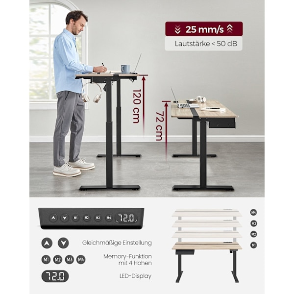 Rootz justerbart stående skrivebord - Greige Sort - Spånpladestål - Elektrisk skrivebord - 60 cm x 140 cm x (72-120 cm) - Stille motor - 31,6 kg