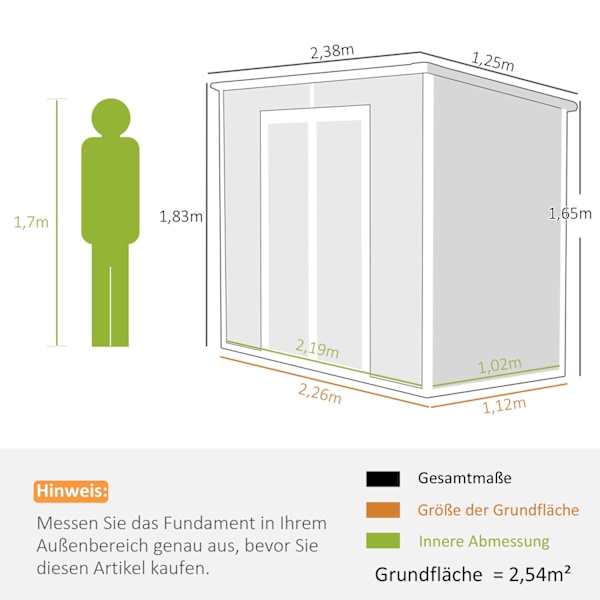 Rootz 2,4 x 1,3 metrin puutarhatalo - Shed - Storage Unit - sää- ja UV -kestävät - 238 cm x 125 cm x 165/183 cm - harmaa
