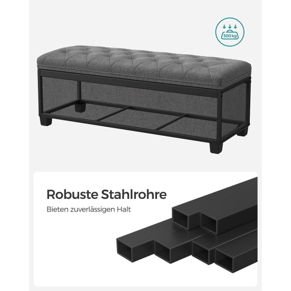 Rootz Storage Ottoman Bänk - Mörkgrå Ottoman - Stoppad bänk - Imitation av linne - MDF-konstruktion - Skumstoppning - Stålram - 40 cm x 110 cm x 40 cm