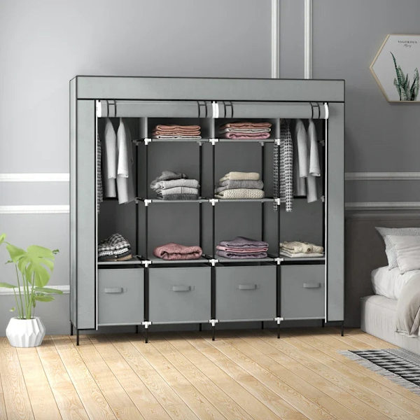 Rootz-vaatekaappi - Kangaskaappi - Ovet - 2 vaatetankoa - 10 lokeroa - Vilesstoff - Teräs - Harmaa - 166L x 42,5L x 169,5K cm