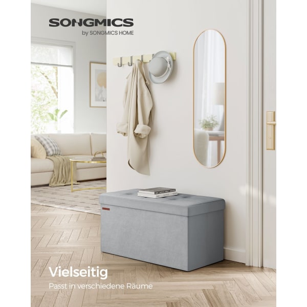 Rootz Dove Grey Velvet Sædekiste - Opbevaring Ottoman - Polstret bænk - MDF-konstruktion - 38 cm x 76 cm x 38 cm - 5,6 kg - 300 kg Kapacitet - 89L Opb