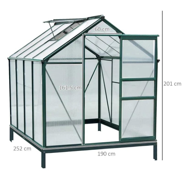 Rootz Greenhouse - Klart växthus av polykarbonat - Stort ingångshus för grönt hus - Aluminiumlegering/PC-skiva - Grön/Transparent - 190L x 252W x 201H