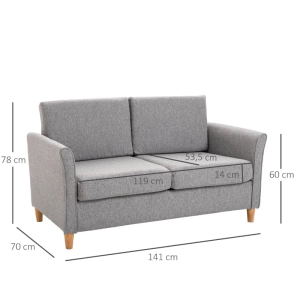 Rootz Tvåsitssoffa - Avtagbara kuddar - Linne - Skum - Gummiträ - Ljusgrå - 141x65x78cm
