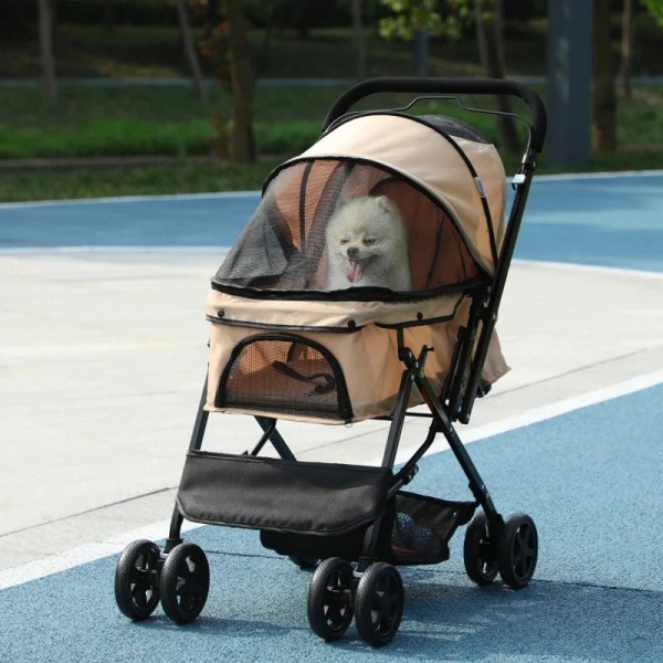 Rootz Folding Dog Buggy - Kæledyrsklapvogn - 1 kurv - 2 bremser - Inklusiv sikkerhedssnor - Lysebrun - 76,5 cm x 52 cm x 95 cm