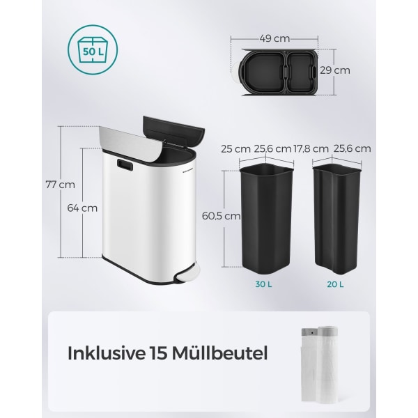 Rootz stål skraldespand - Affaldsspand - Skraldespand - Fodpedal - Cloud White-Metallic Silver - PP Plast Indvendig spand - 20L & 30L Kapacitet - 49 c
