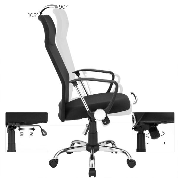 Rootz Ergonomic Office Chair - Skrivebordsstol - Arbejdsstol - Højdejusterbar - Komfortabelt sæde - Gyngefunktion - Sort - Stålramme - Skumpolstring -