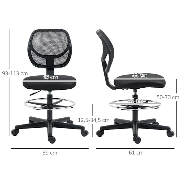 Rootz Tegnestol Med Fodstøtte - Højdejusterbar - Kontorstol - Sort - 59 cm x 61 cm x 113 cm