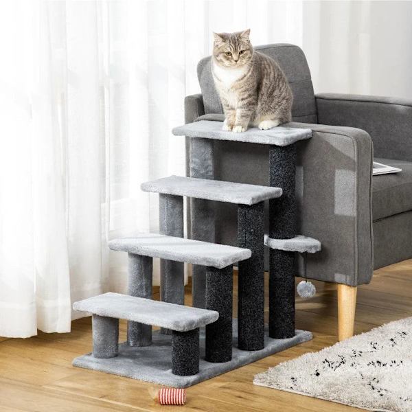 Rootz Pet Trappa - Katttrappa med skrapstolpe - 4-stegs hundtrappa - Djurtrappa - Spånskiva - Plysch - Grå - 60 x 40 x 64 cm