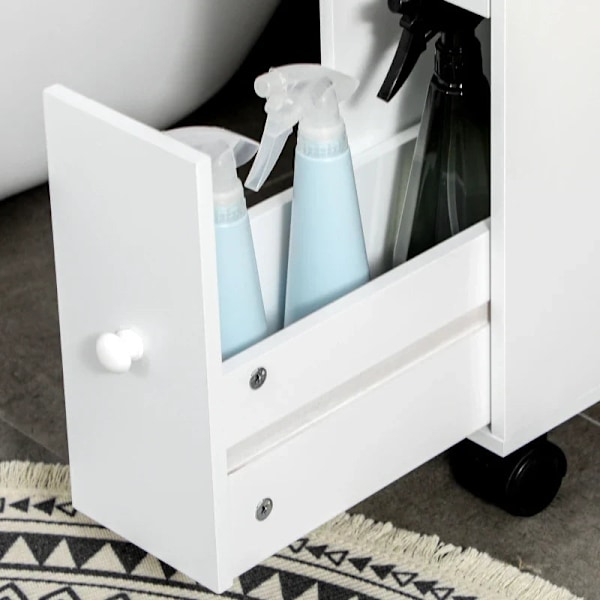 Rootz Badrumsskåp - Smal design - Rullskåp - Två lådor - Fyra hjul - MDF-ram - Vit - 16L x 49,5W x 66H cm