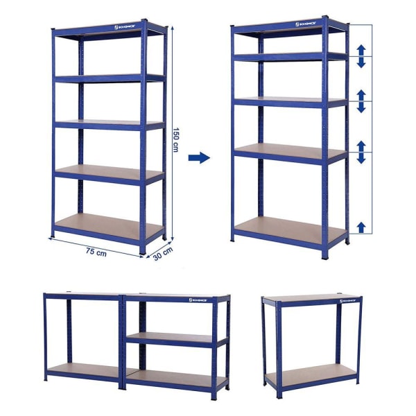 Rootz opbevaringsstativ - sæt med 2 opbevaringsreoler - industrielle opbevaringsreoler - 5 hylder - opbevaringshylder - blå - 30 x 75 x 150 cm